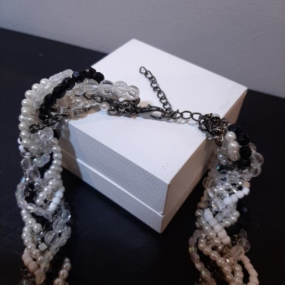 3/$20 Twisted Multi Strand Beaded Statement Necklace Pearl Rhinestone Gunmetal - Picture 3 of 13